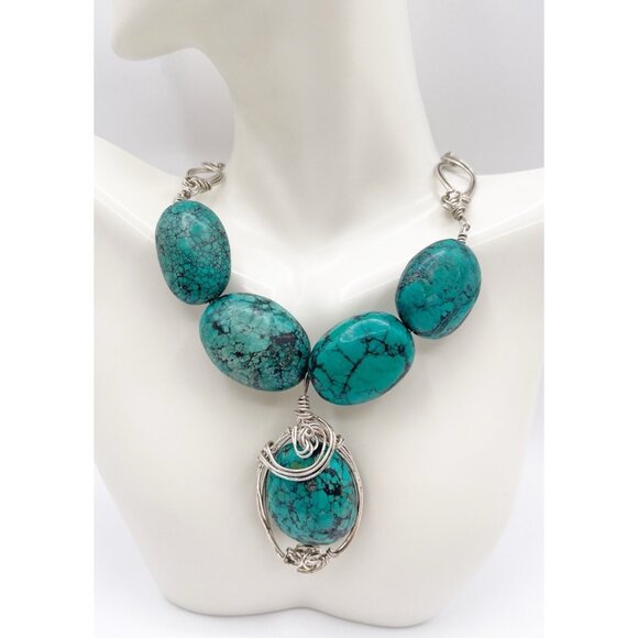 Handmade Sterling Silver Turquoise Statement Necklace Large Oval Gemstones 96g - Picture 2 of 13